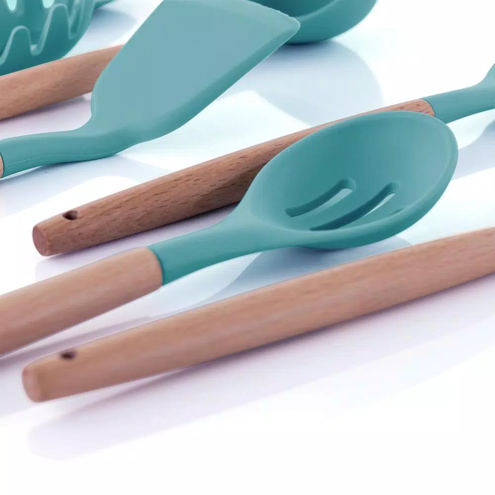MegaChef 9-Piece Light Teal Silicone and Wood Kitchen Utensil Set
