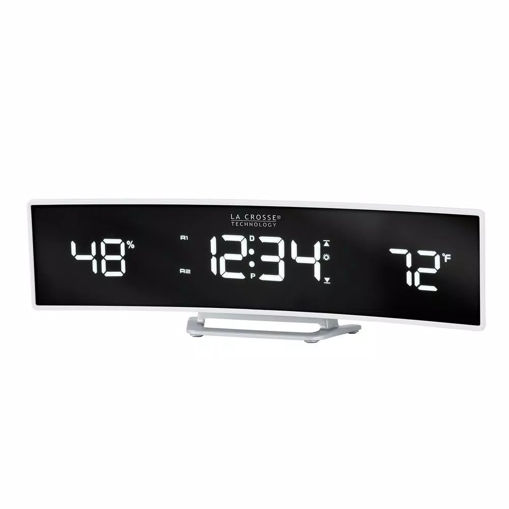 La Crosse Technology White Curved Digital Alarm Clock with Mirrored LED Display, Temperature, Humidity, and USB Charging Port