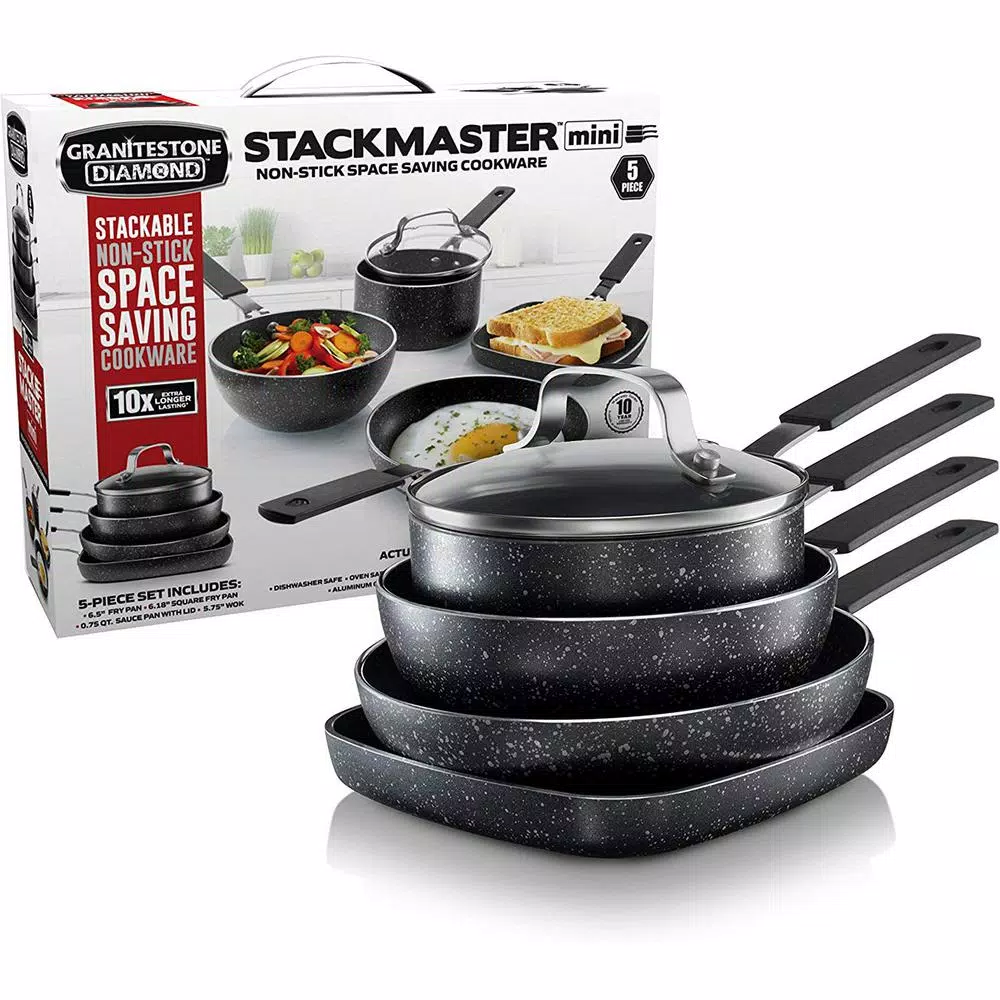 GRANITESTONE StackMaster 5-Piece Aluminum Non-Stick Diamond Infused Mini Cookware Set, Charcoal