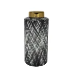 Benjara Large Black and White Ceramic Ginger Jar with Criss Cross Pattern and Gold Lid thumbnail 1
