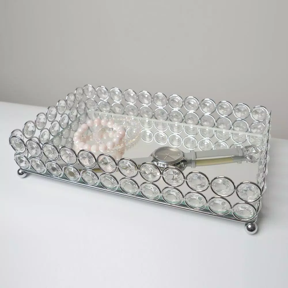 Elegant Designs 10.5 in. Chrome Ellipse Crystal Decorative Mirrored Jewelry and Makeup Vanity Organizer Tray