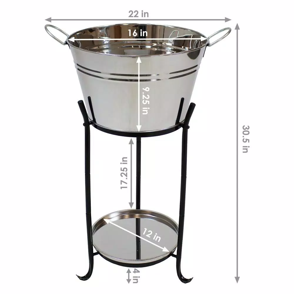 Sunnydaze Decor 5-Gallon Stainless Steel Ice Bucket Cooler with Iron Stand and Serving Tray