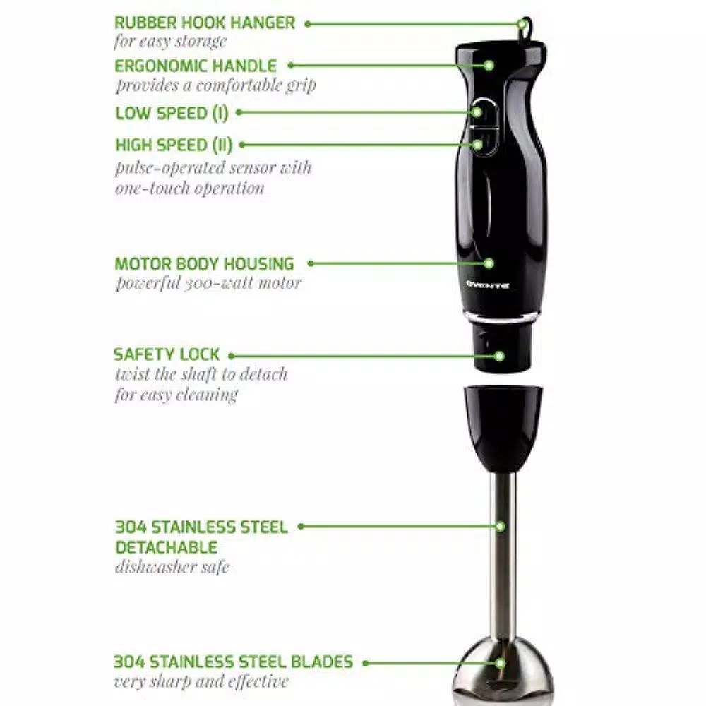 Ovente HS565 300W Multi-Purpose Immersion Blender Set with Chopper, Whisk, and 24 oz. Beaker - Black