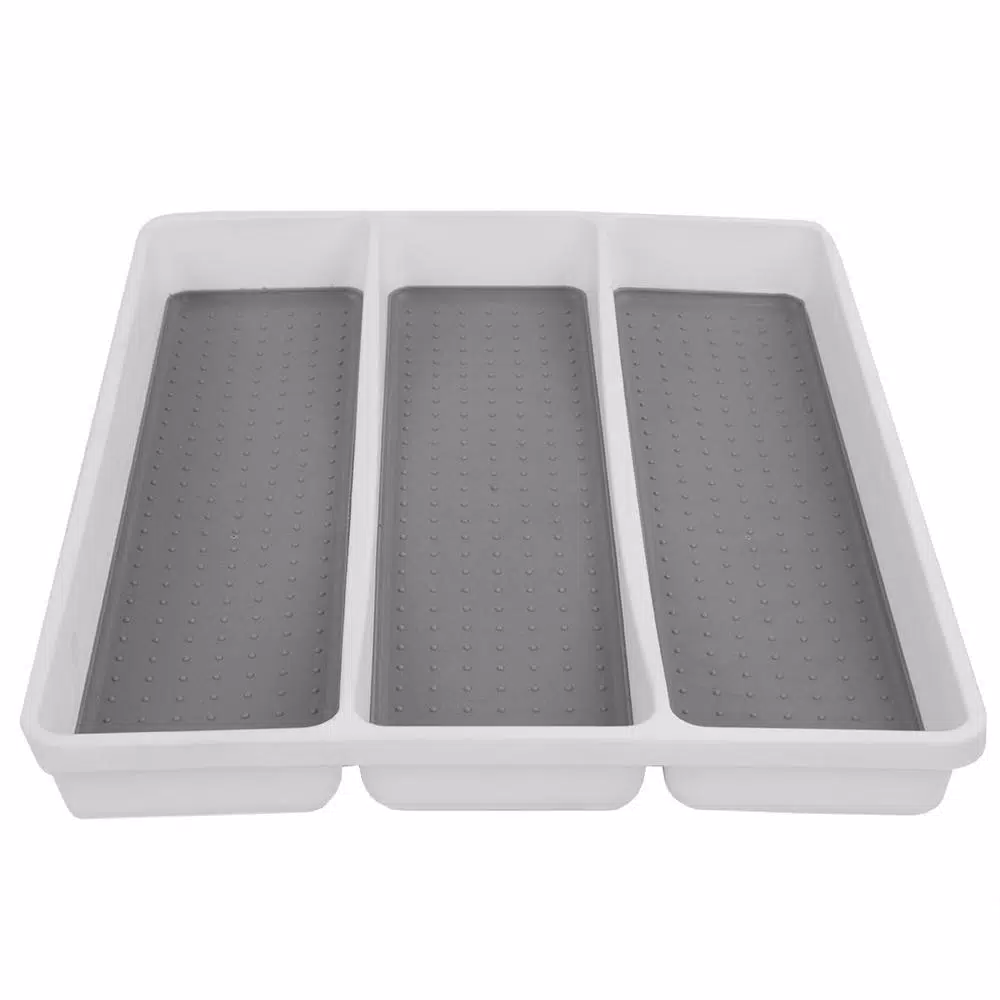 Unbranded White Large Utensil Tray with Rubber Liner, 3 Compartment Cutlery Organizer