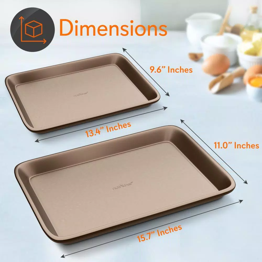 NutriChef 2-Piece Nonstick Carbon Steel Baking Sheet Set, Large and Medium Gold Pans