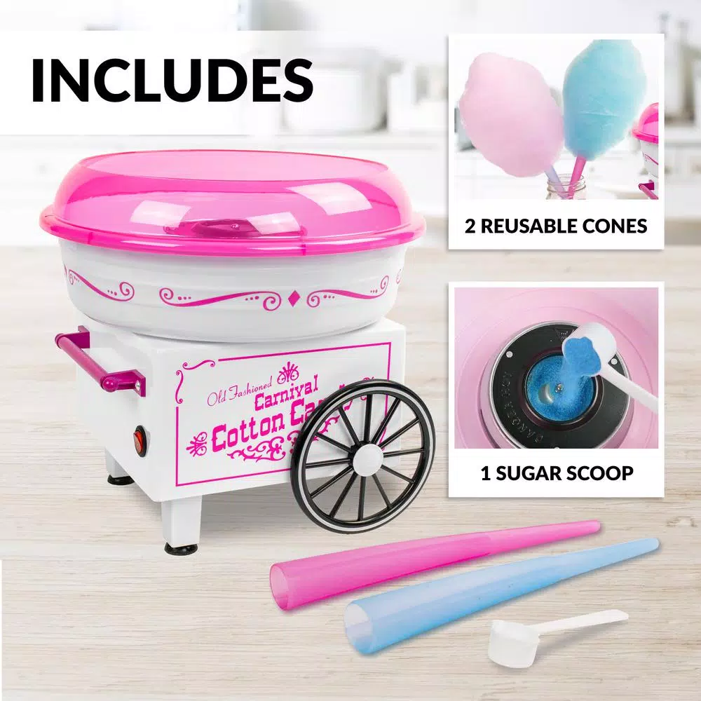 Nostalgia Vintage Pink Cotton Candy Maker with 2 Reusable Cones