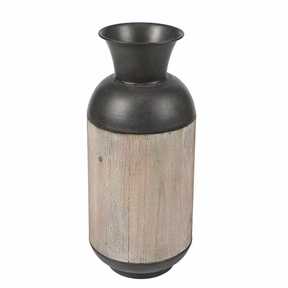 Winsome House 2-Piece Handcrafted Iron and Wood Vase Set, Rustic Dark Brown and Natural Wood Table Vases
