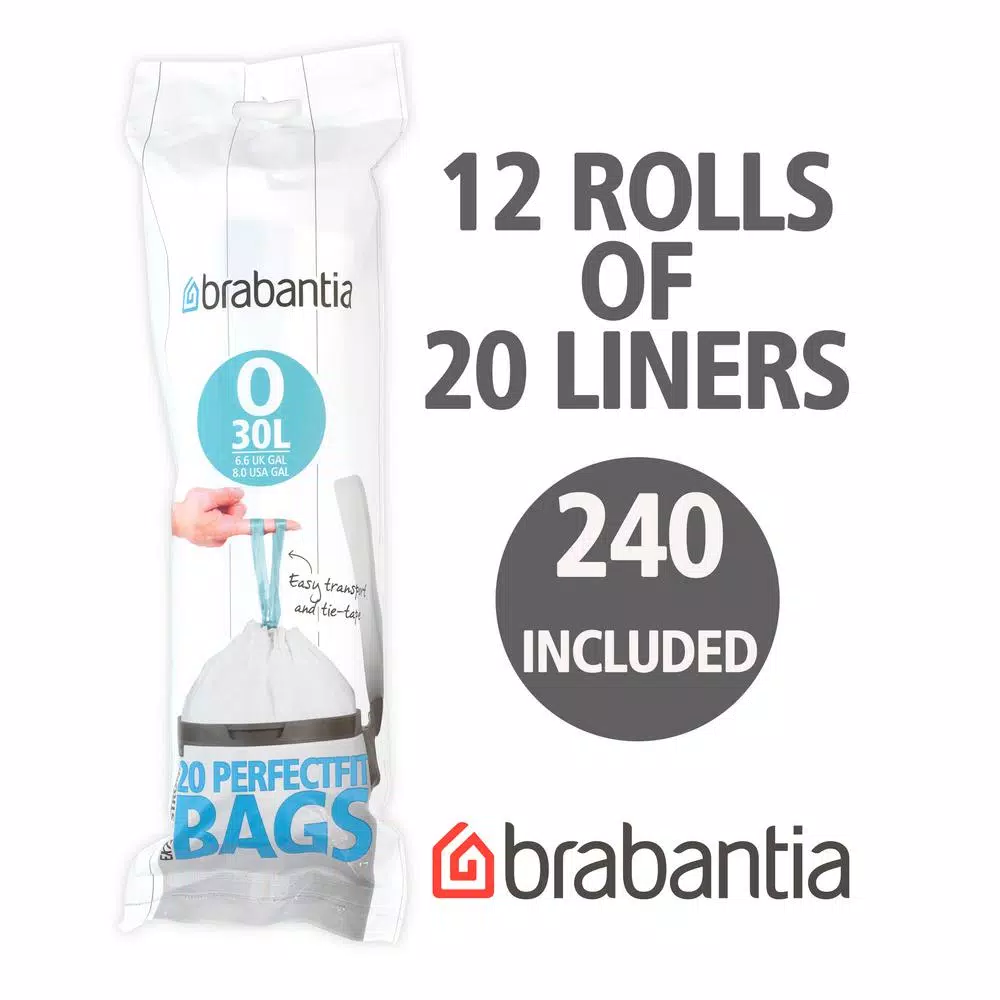 Brabantia PerfectFit Trash Can Liners Code O, 8 Gal (30 L), 240 Count (12 Packs of 20)