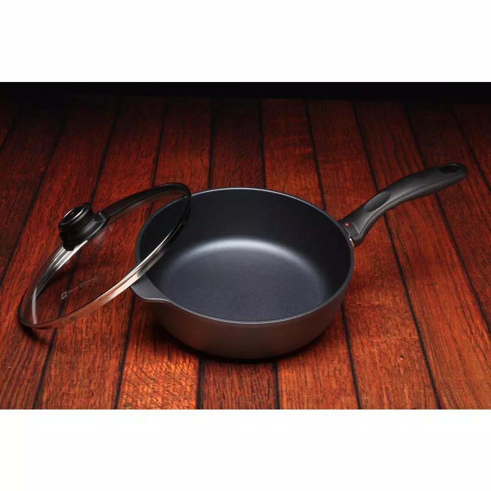 Swiss Diamond Classic Series 3.2 Qt. Cast Aluminum Nonstick Saute Pan with Glass Lid, Gray
