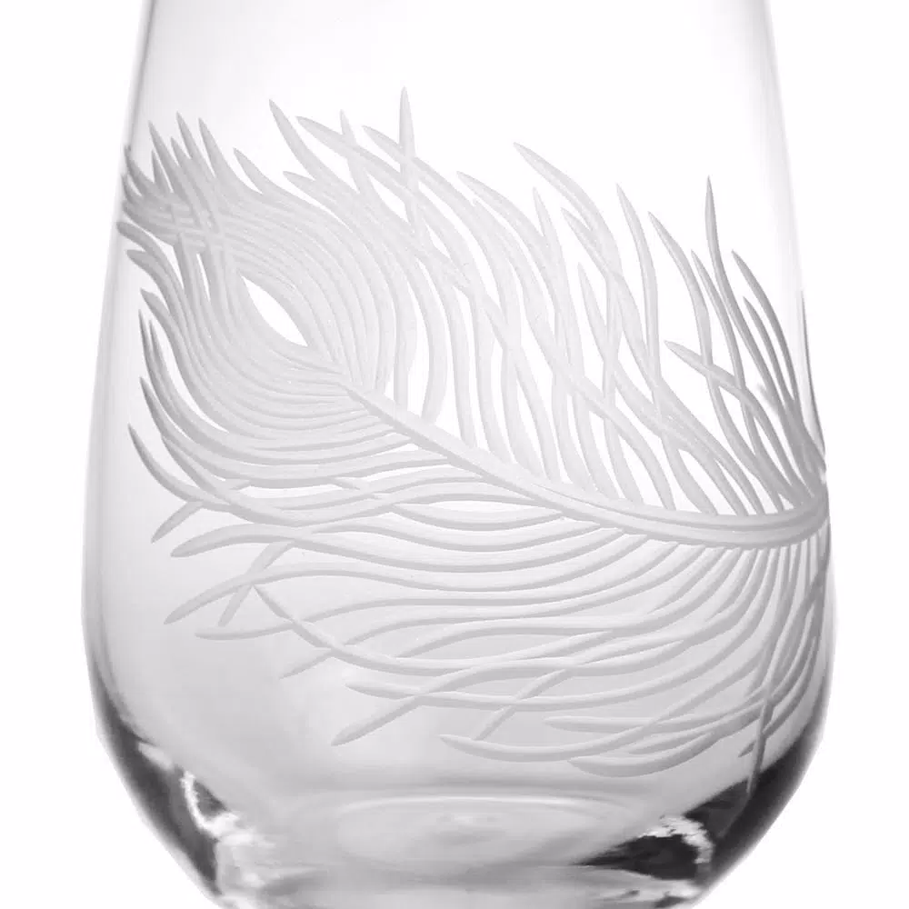 Rolf Glass Peacock Etched Stemless Wine Glass Set of 4, 17 oz Clear Glass Tumblers