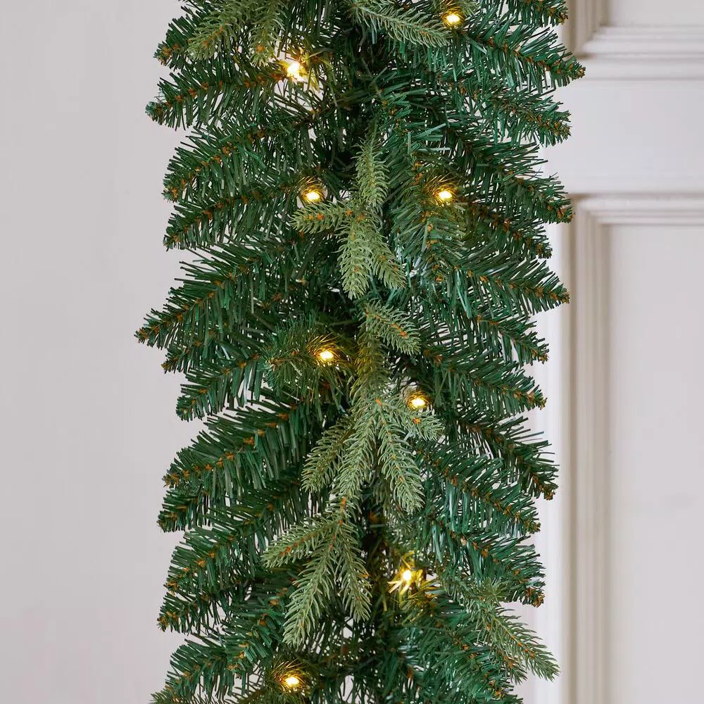 Home Accents Holiday Home Holiday Accents 9 ft. Mayfield Pre-lit LED Artificial Balsam Fir Garland with 50 Warm White Micro Dot Lights