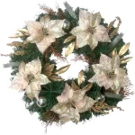 Fraser Hill Farm 24 in. Artificial Christmas Wreath with Poinsettias, Ornaments and Gold Berries thumbnail 1
