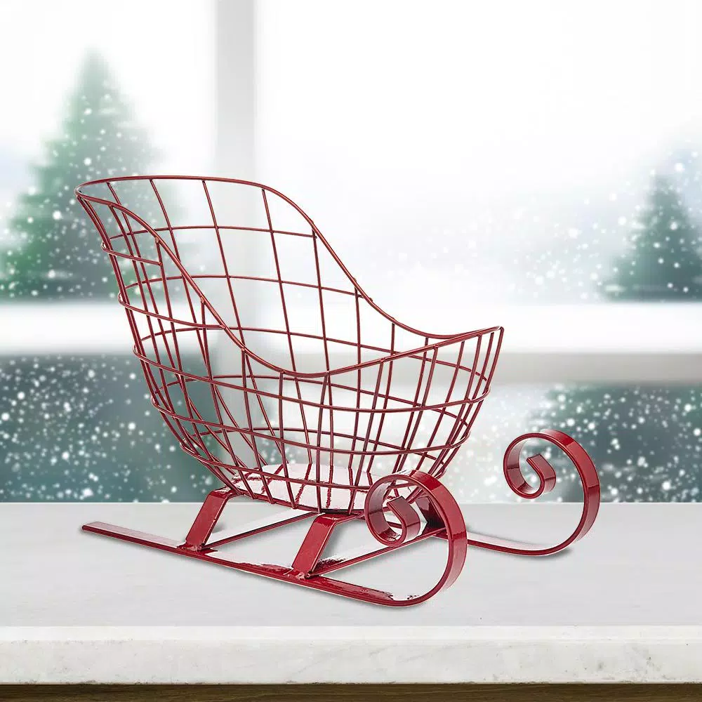 Godinger Red Santa Sleigh Wire Basket - Iron Christmas Serving Bowl