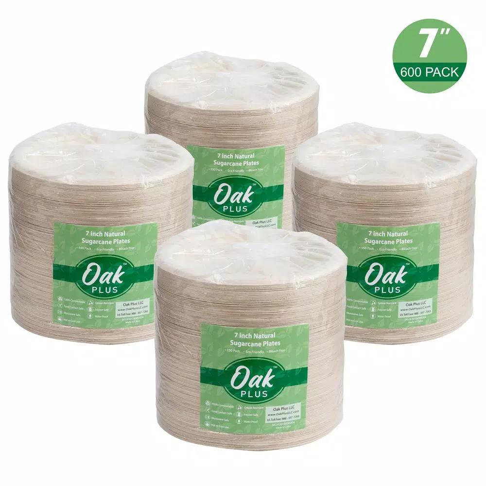 Unbranded 7 in. Natural Sugarcane Plates, 600 Pack - Eco-Friendly & Compostable Disposable Plates