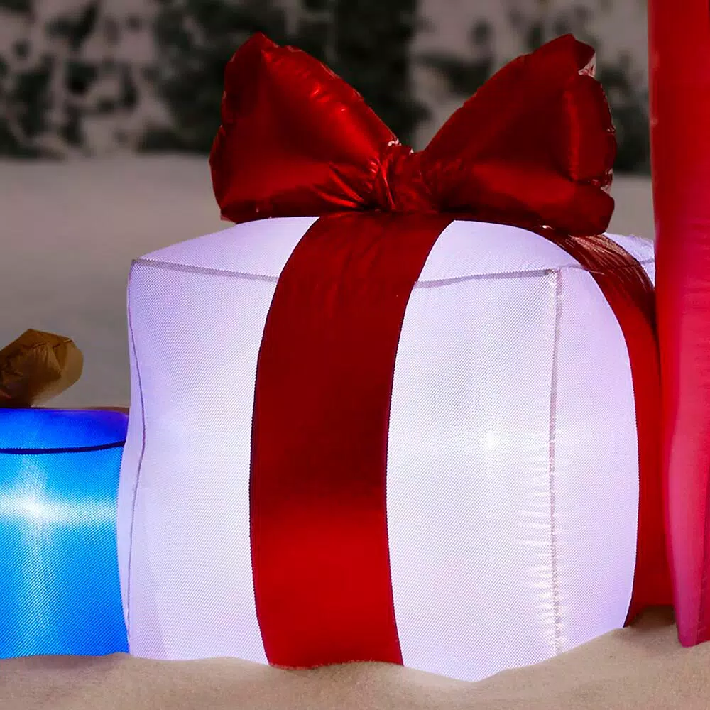 Airblown 4.43 ft. Inflatable Fuzzy Gift Box Scene with Metallic Fabric and LED Lights