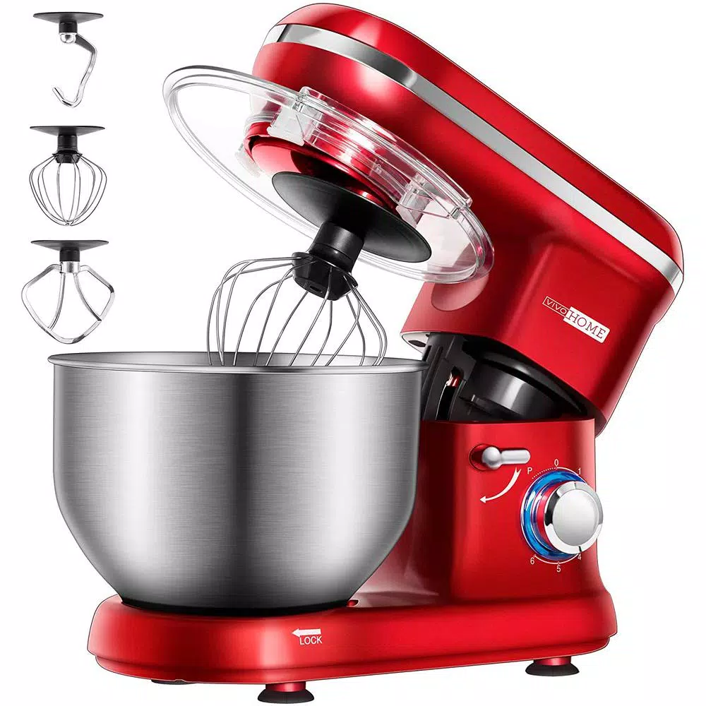 VIVOHOME 6 Qt. Electric Stand Mixer, 650W 6-Speed Tilt-Head Mixer with Stainless Steel Bowl and Accessories, Bright Red