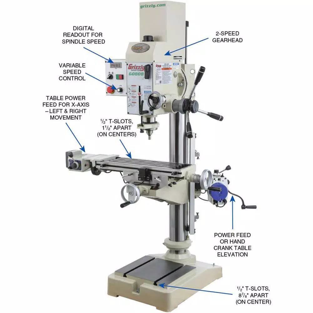 Grizzly Industrial Variable-Speed Gearhead Drill Press with Cross-Slide Table and Power Feed
