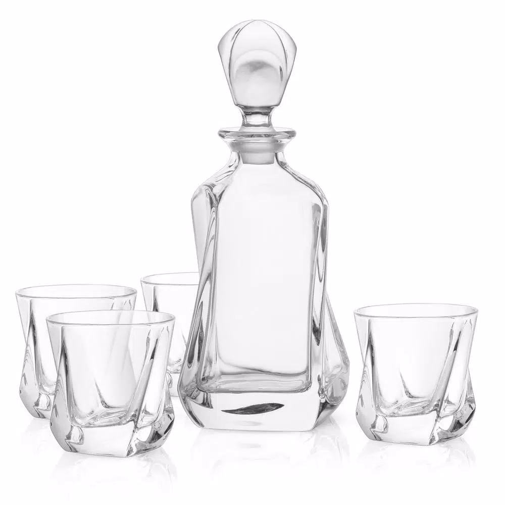 JoyJolt Aurora Crystal Whiskey Decanter Set with 4 Old Fashioned Glasses