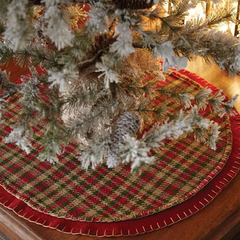 VHC Brands Claren 21 in. Cotton Cherry Red Plaid Christmas Tree Skirt with Gold Metallic Thread