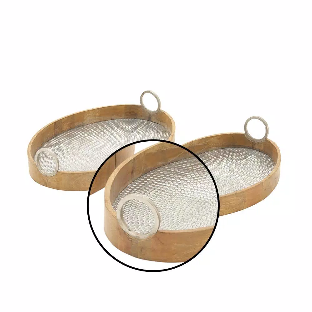 LITTON LANE Rustic Mango Wood and Dimpled Aluminum Oval Tray Set of 2