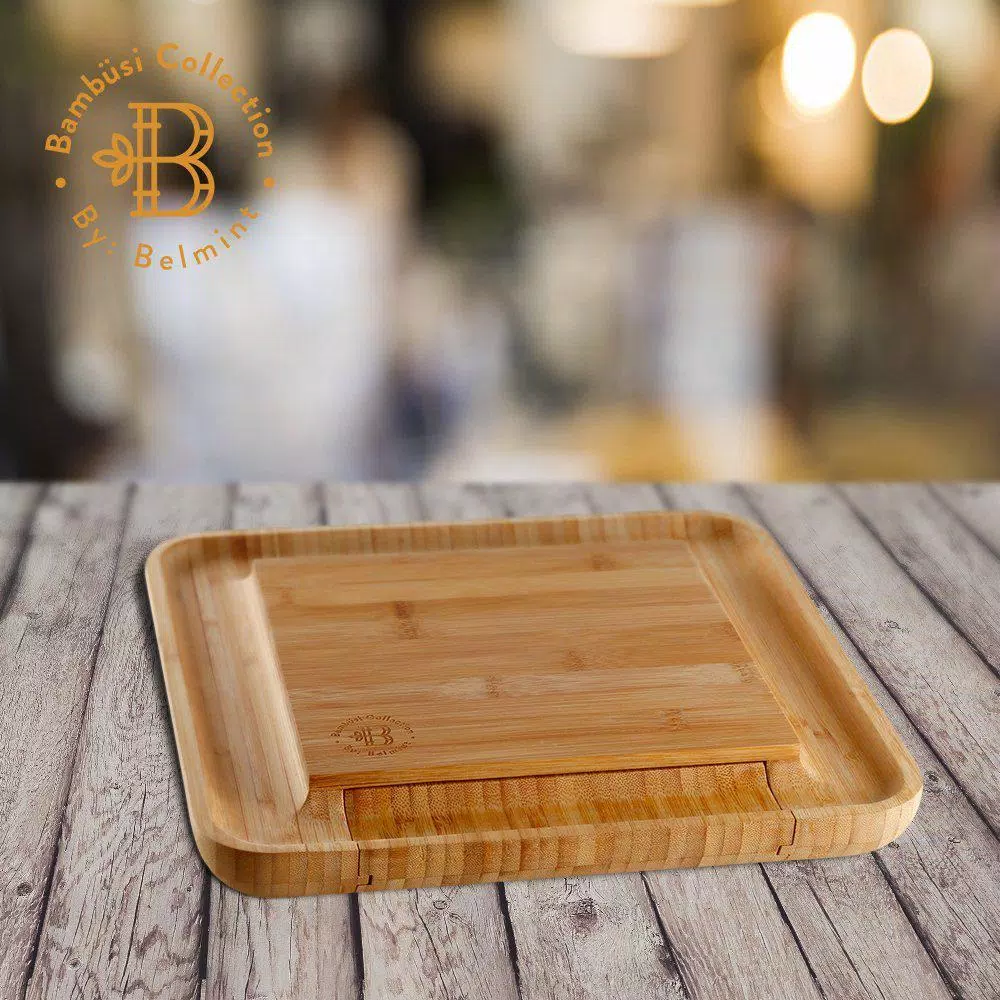 Bambusi Bambsi 100% Natural Bamboo Cheese Board & Cutlery Set with Slide-Out Drawer