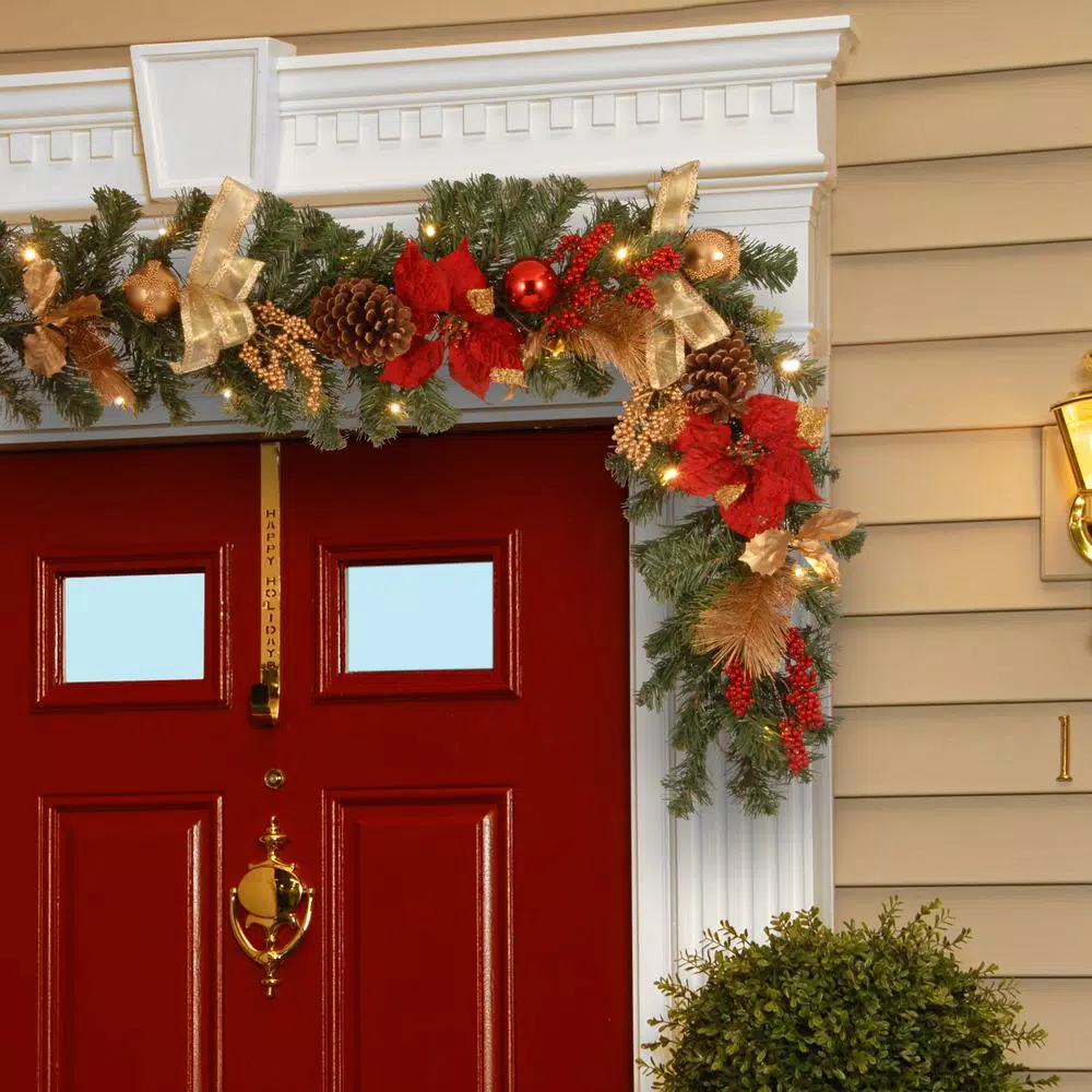 National Tree Company 6 ft. Pre-lit Artificial Fir Garland with LED Lights, Poinsettias, Berries, and Ornaments