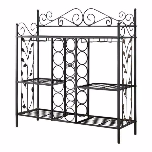 Kings Brand Furniture 12-Bottle Black Metal Console Table Wine Rack with Gold Leaf Accents and Glass Hooks