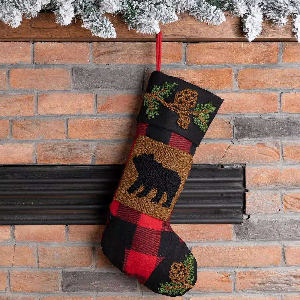 Glitzhome 19 in. Plaid Christmas Stocking with Handmade Rug Hooked Bear and Embroidery