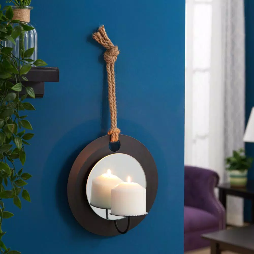 DANYA B Algarve Black Round Pillar Candle Sconce with Mirror and Rope