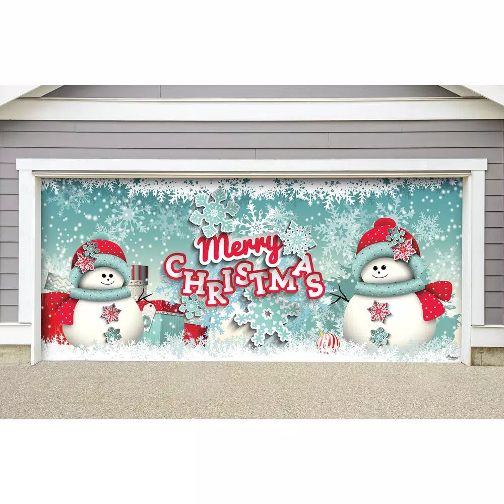 My Door Decor 7 ft. x 16 ft. Snowman Merry Christmas Garage Door Banner, Outdoor Vinyl Holiday Decor