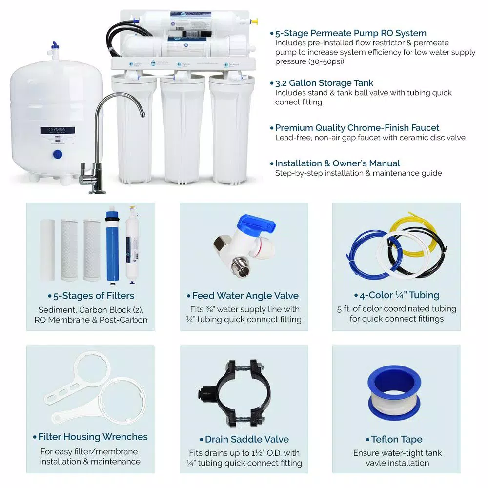 Olympia Water Systems Permeate Pump Under-Sink Reverse Osmosis Water Filtration System, 50 GPD
