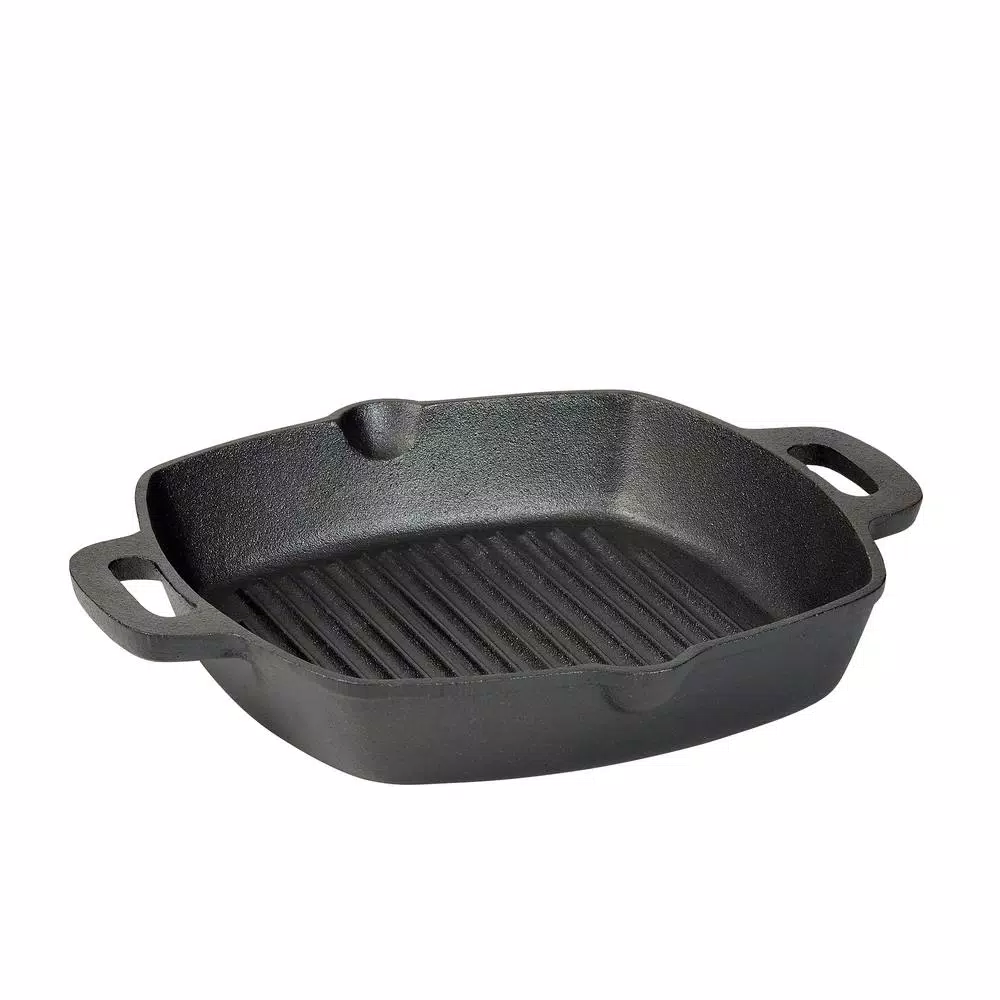Basic Essentials 10 in. Square Cast Iron Nonstick Grill Pan, Black