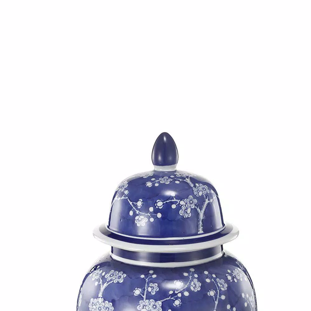 Benjara Blue and White Ceramic Ginger Jar with Petite Flower Design and Lid