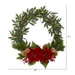Nearly Natural 21 in. Olive, Poinsettia, Berry and Pine Artificial Wreath thumbnail 2