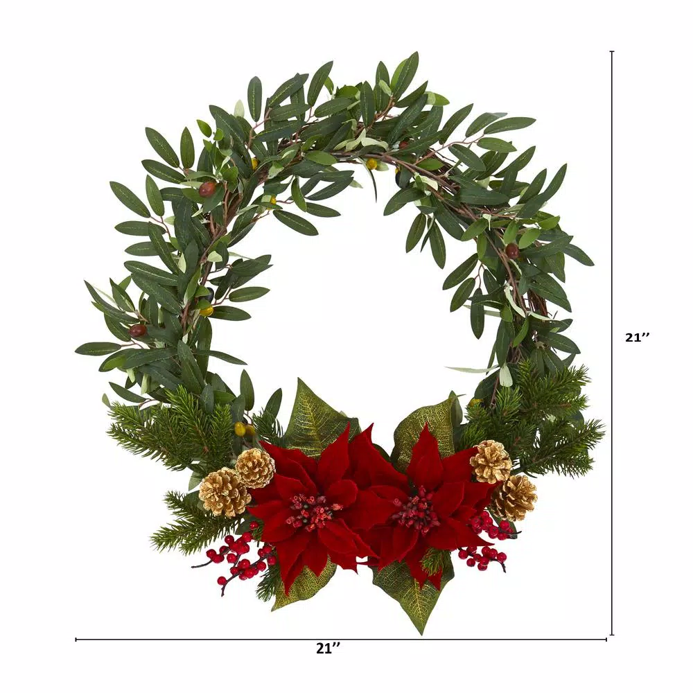Nearly Natural 21 in. Olive, Poinsettia, Berry and Pine Artificial Wreath