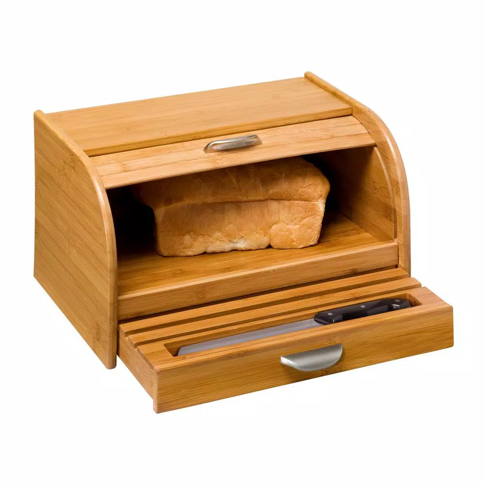 Honey-Can-Do Bamboo Bread Box with Roll-Top Door, Pull-Out Drawer, and Integrated Cutting Board