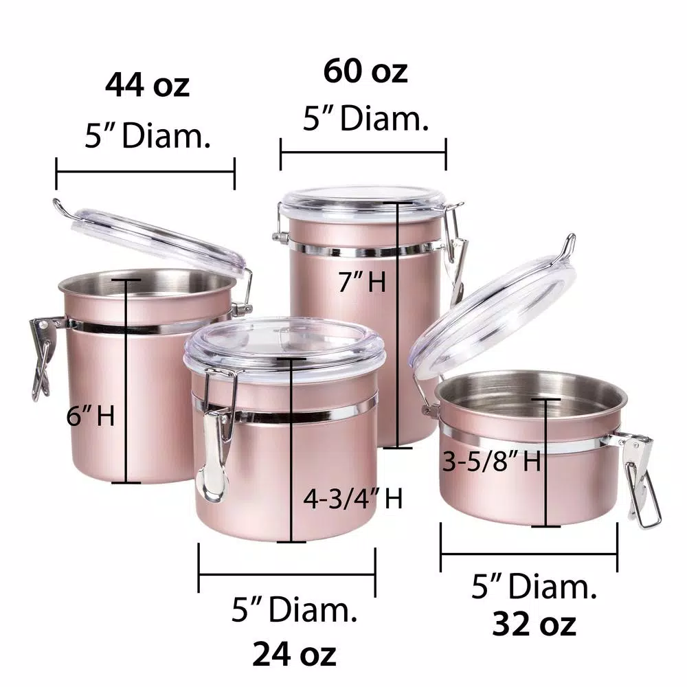 Creative Home Rose Gold Stainless Steel Canister Set, 4-Piece Airtight Food Storage Containers with Locking Clamp