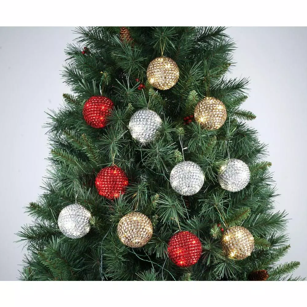 Unbranded Starlite Creations 4-Piece Red Tinsel LED Christmas Ornament Set, 36 Lights, 4 in.