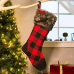 Glitzhome 21 in. Buffalo Plaid Christmas Stocking - Black and Red Polyester Fur thumbnail 6