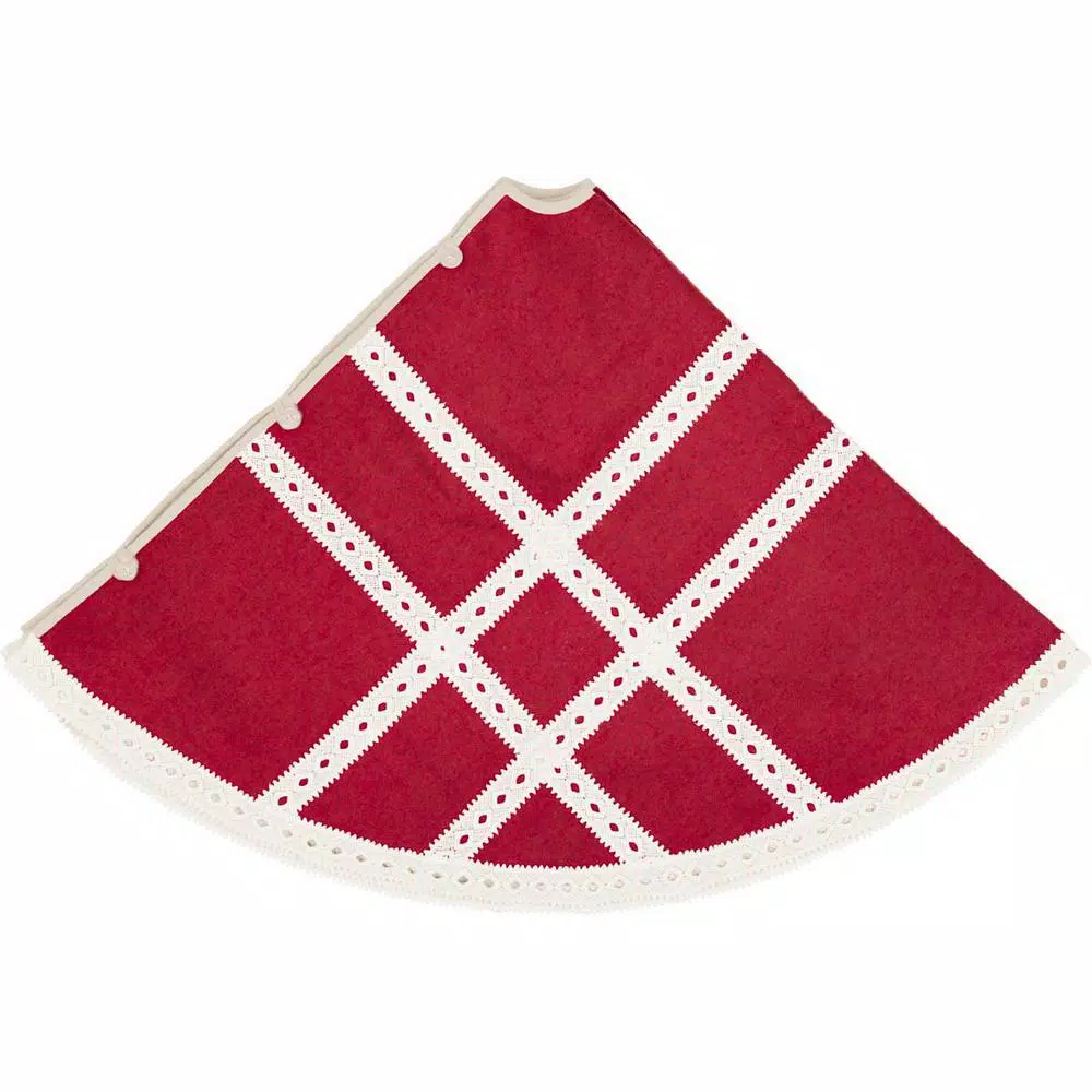 VHC Brands 55 in. Red Margot Farmhouse Christmas Tree Skirt with Diamond Lace and Creme Chambray