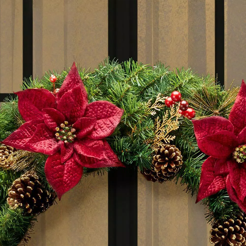 Home Accents Holiday 36 in. Burgundy Poinsettia and Mixed Pine Wreath with Berries, Gold Glitter Cedar and Pinecones