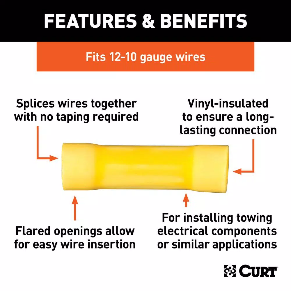 CURT Butt Connectors, 12-10 Gauge Wire, Yellow, 100-Pack