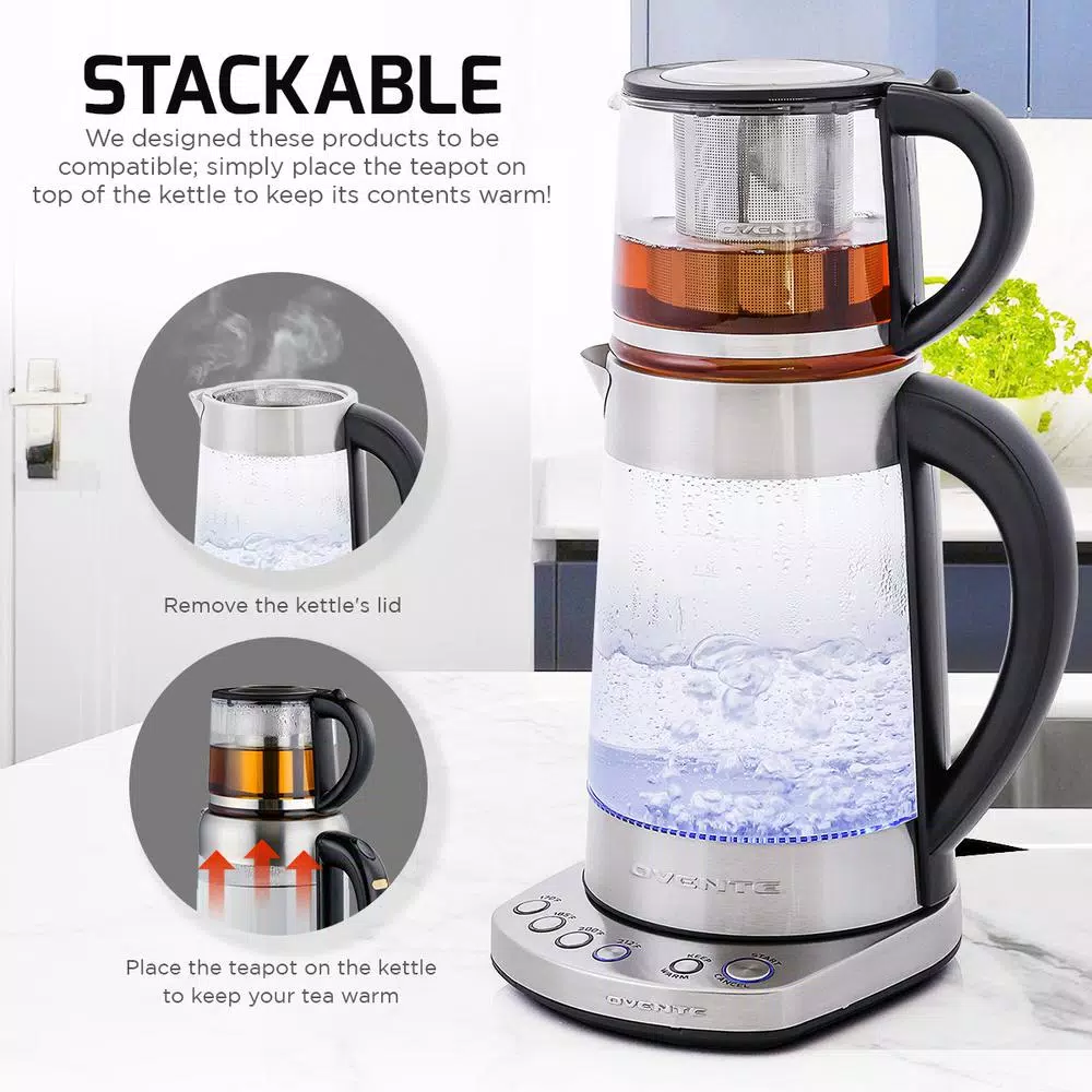 Ovente 1.7L Stainless Steel Glass Electric Kettle with ProntoFill Technology and 27-Oz Teapot Bundle