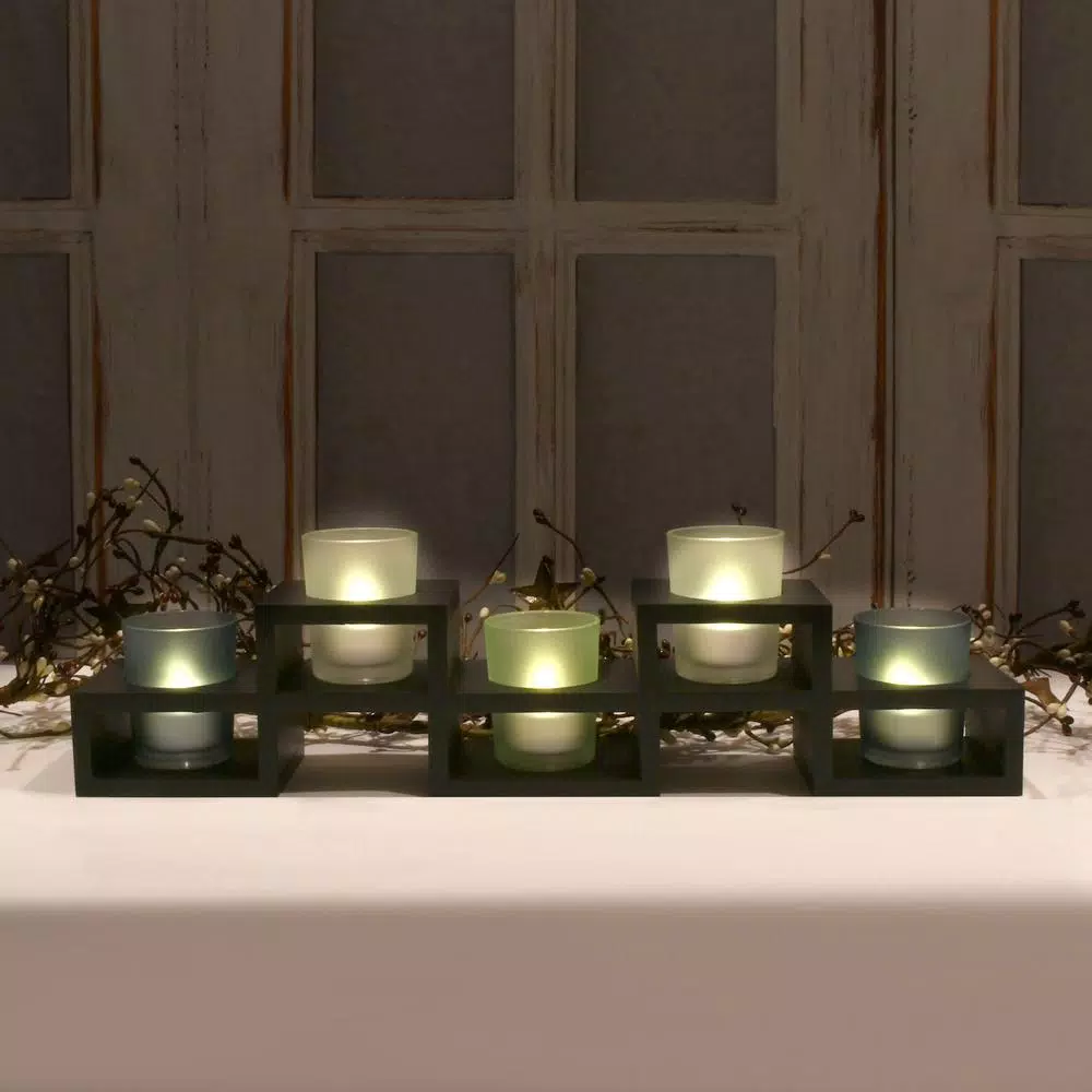 LUMABASE Wooden Candle Centerpiece Tray with 5 Frosted Earth Tone Glass Votive Holders, Black