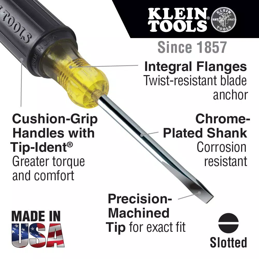 Klein Tools 1/4 in. Flat Head Screwdriver with 4 in. Square Shank and Cushion Grip