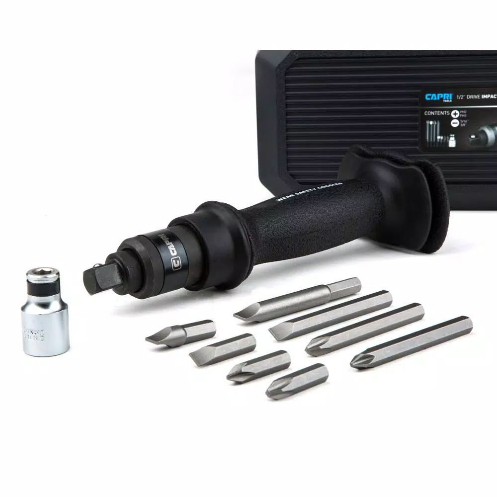 Capri Tools 10-Piece 1/2 in. Drive Impact Screwdriver Set with Hex Adapter and Bits