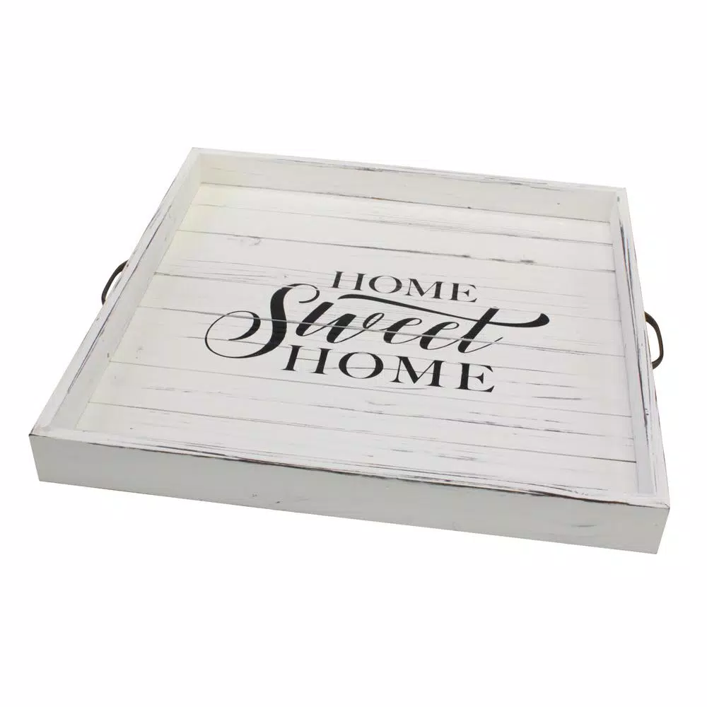 Stonebriar Collection Stonebriar Rustic White Wood Decorative Serving Tray with Metal Handles