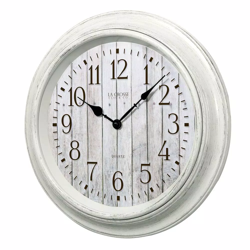 La Crosse Technology 14 in. Round White Distressed Barn Wood Style Wall Clock with Quartz Movement
