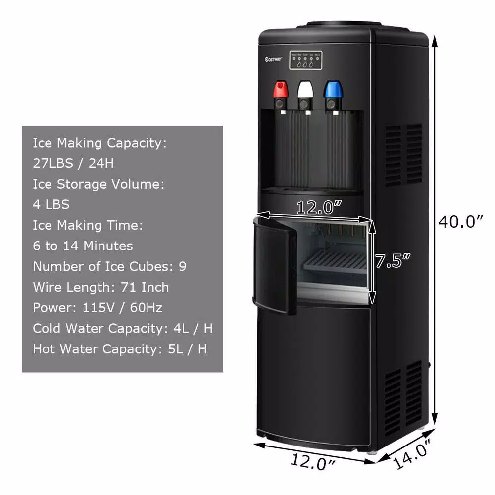 Costway Top Loading Water Dispenser with Built-In Ice Maker, Hot & Cold Tri-Temp Water Cooler, Black