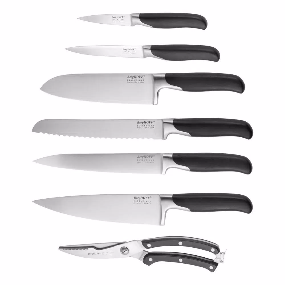 BergHOFF Essential 8-Piece Stainless Steel Knife Block Set with Black Contoured Handles